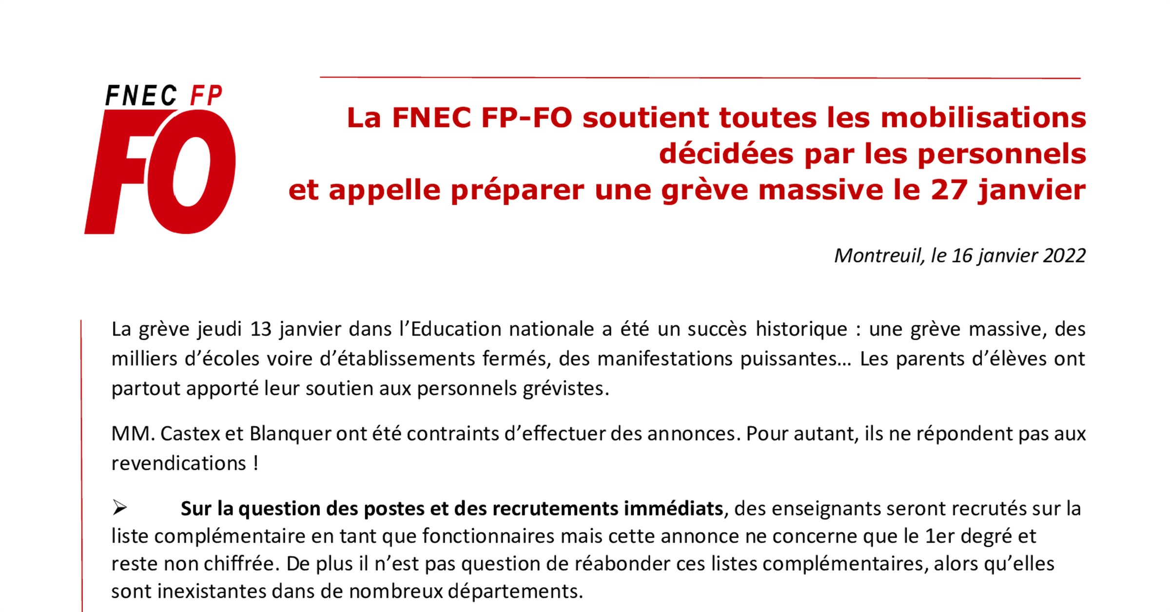 Math Fnec FNEC-FP FO : La FNEC FP-FO soutient toutes les mobilisations décidées ...