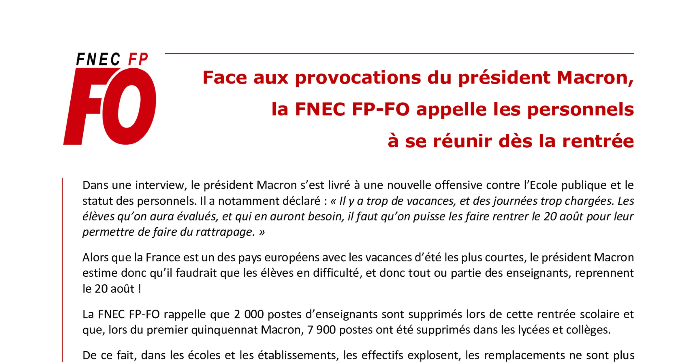 FNEC-FP FO : Face aux provocations du président Macron, la FNEC FP-FO ...